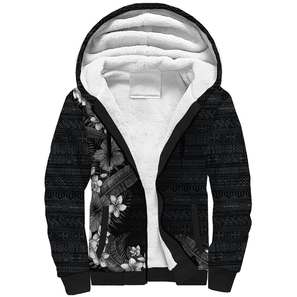 Hawaii Tropical Flowers and Leaves Sherpa Hoodie Tapa Pattern Grayscale Mode LT03 Unisex Grayscale - Polynesian Pride
