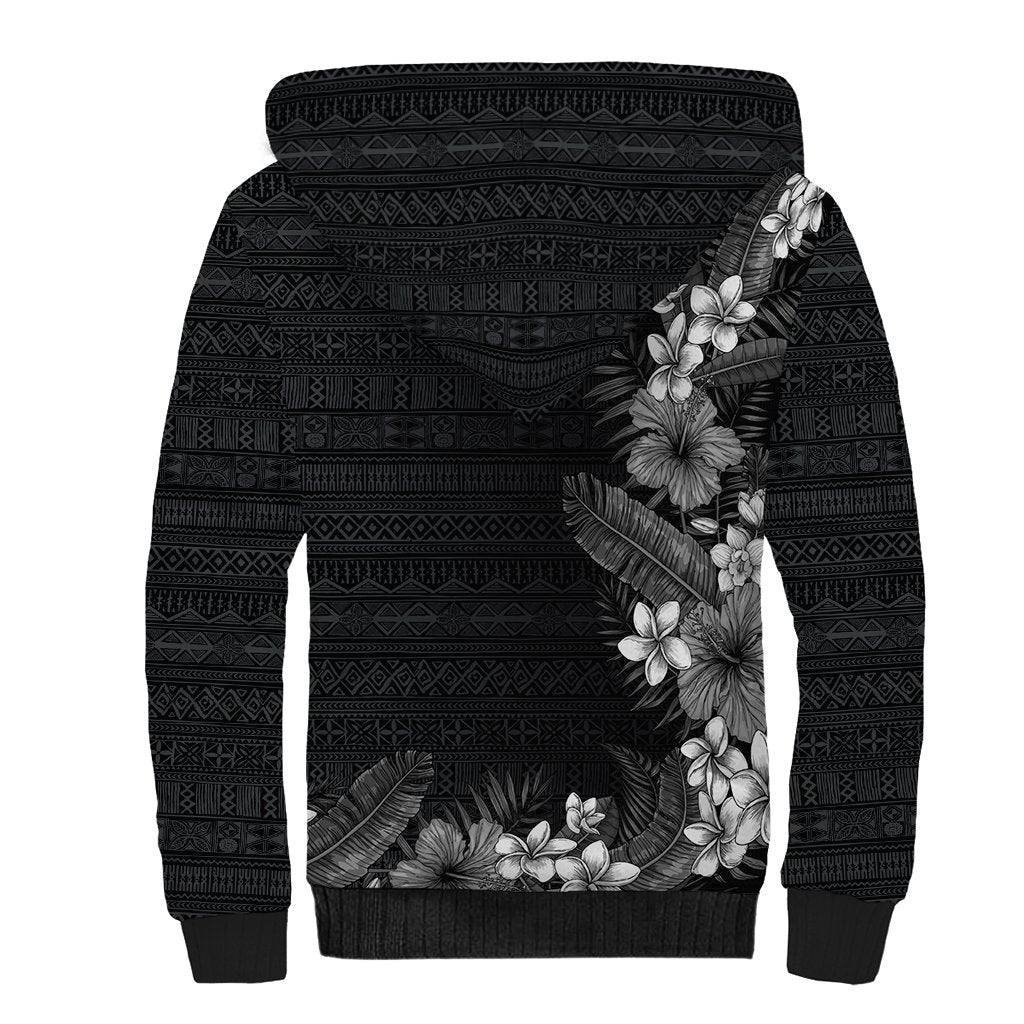 Hawaii Tropical Flowers and Leaves Sherpa Hoodie Tapa Pattern Grayscale Mode LT03 - Polynesian Pride