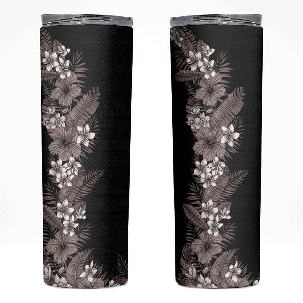 Hawaii Tropical Flowers and Leaves Skinny Tumbler Tapa Pattern Grayscale Mode
