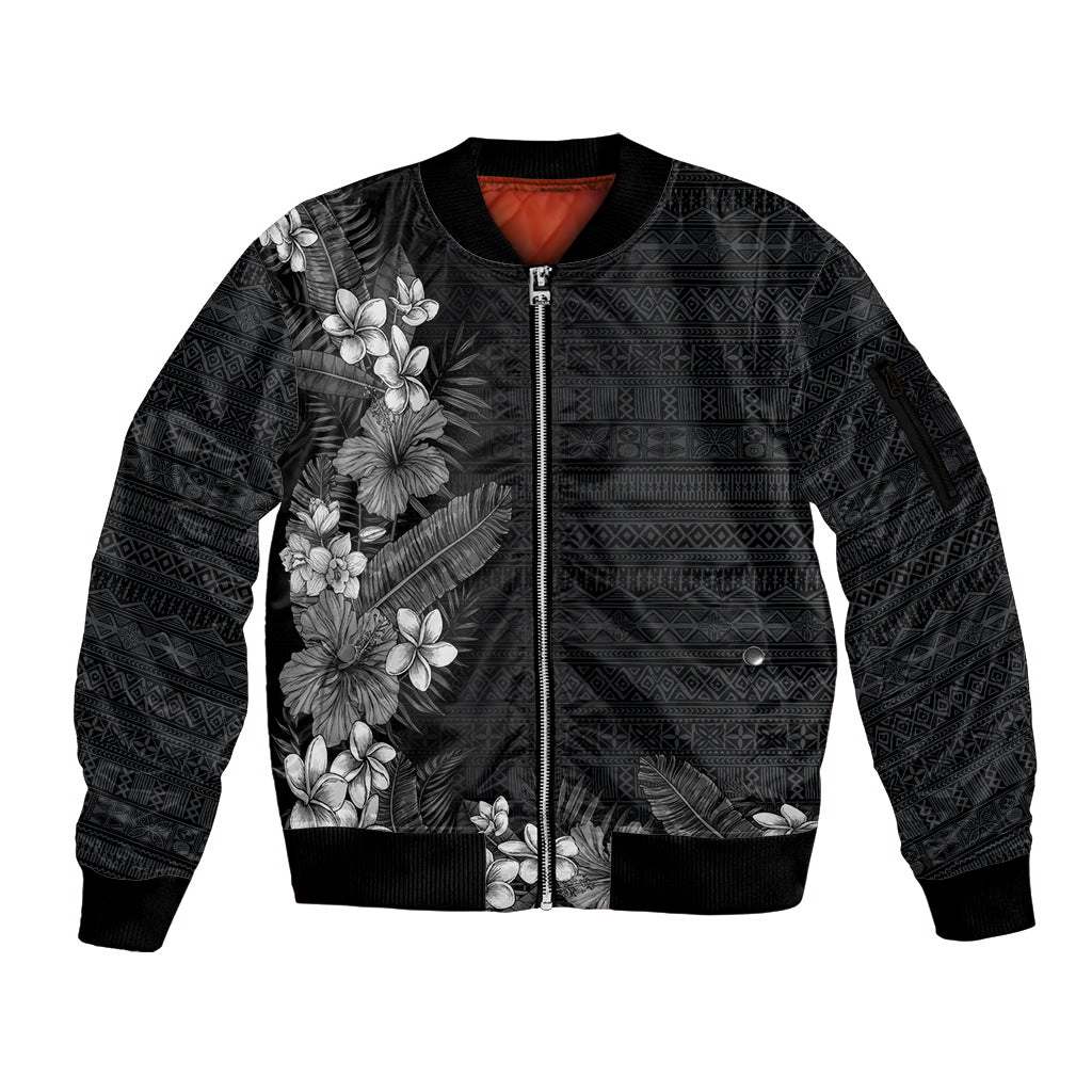 Hawaii Tropical Flowers and Leaves Sleeve Zip Bomber Jacket Tapa Pattern Grayscale Mode LT03 Unisex Grayscale - Polynesian Pride