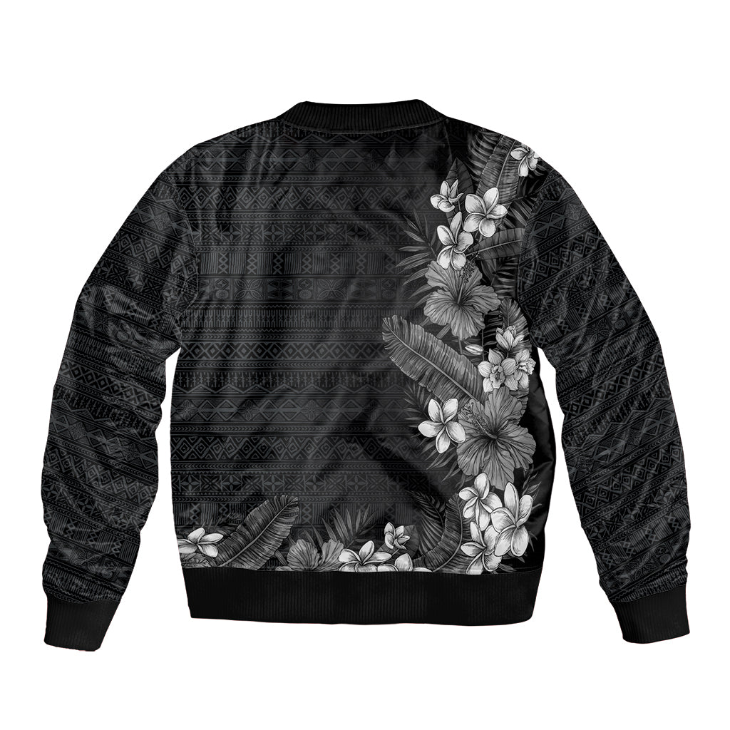 Hawaii Tropical Flowers and Leaves Sleeve Zip Bomber Jacket Tapa Pattern Grayscale Mode LT03 - Polynesian Pride