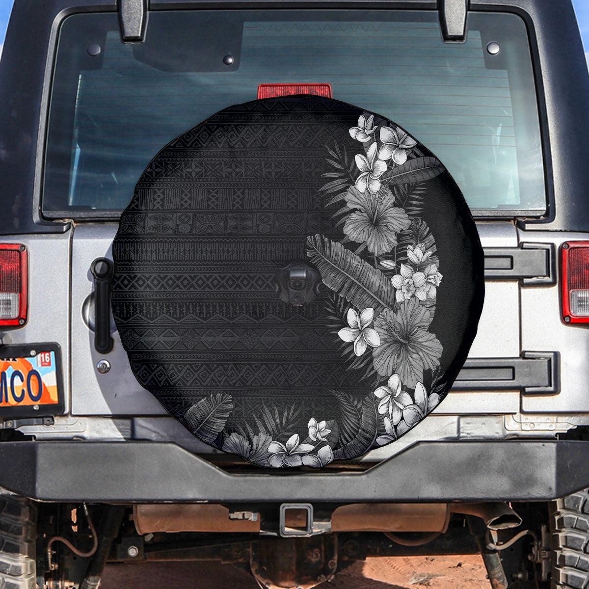Hawaii Tropical Flowers and Leaves Spare Tire Cover Tapa Pattern Grayscale Mode LT03 Grayscale - Polynesian Pride
