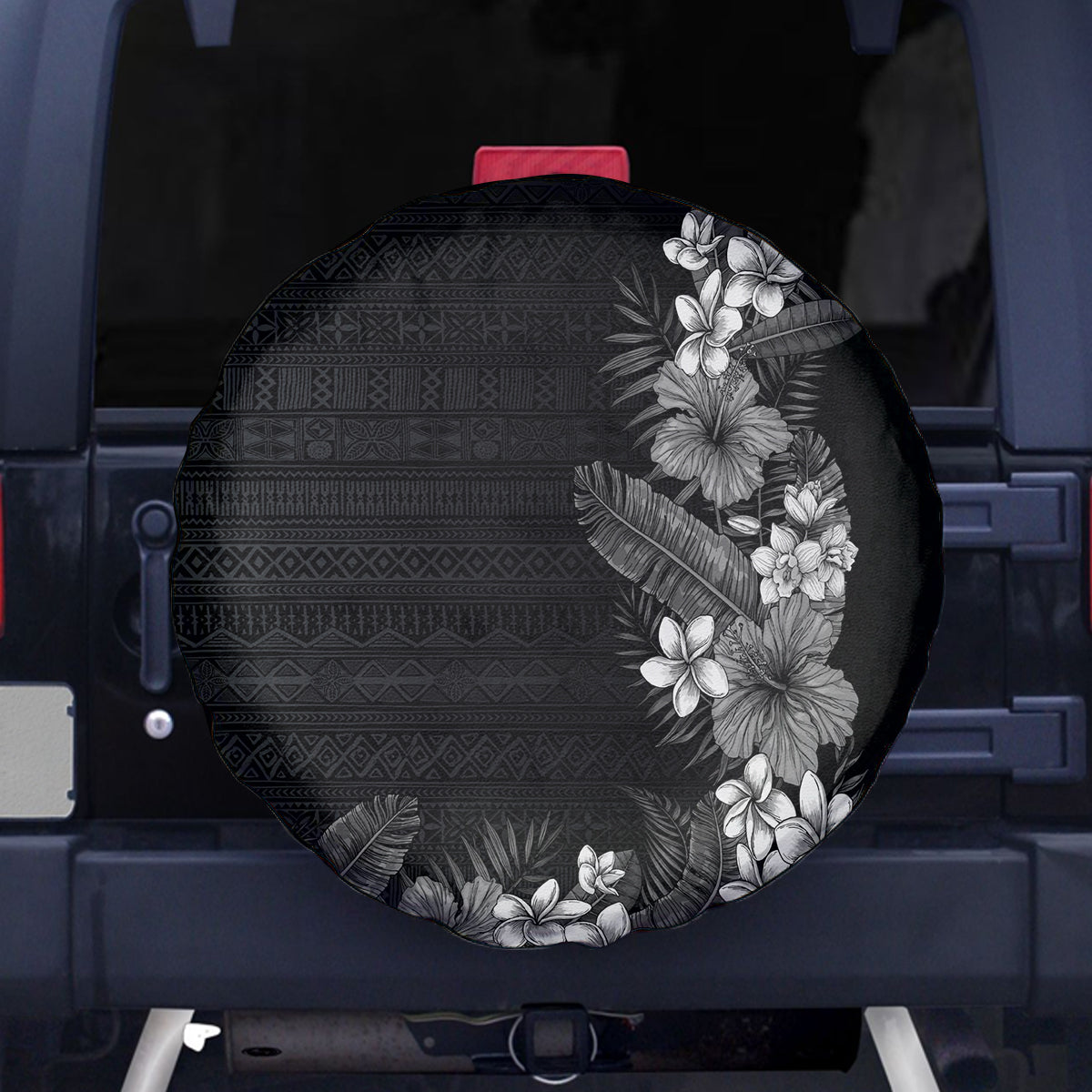 Hawaii Tropical Flowers and Leaves Spare Tire Cover Tapa Pattern Grayscale Mode LT03 - Polynesian Pride