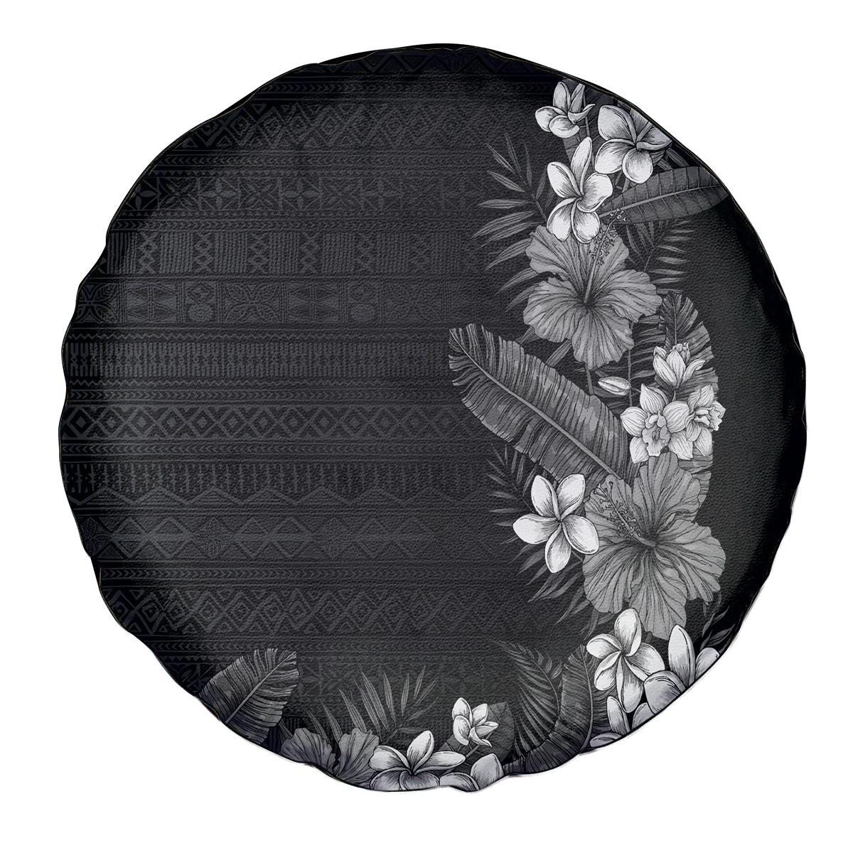 Hawaii Tropical Flowers and Leaves Spare Tire Cover Tapa Pattern Grayscale Mode LT03 - Polynesian Pride