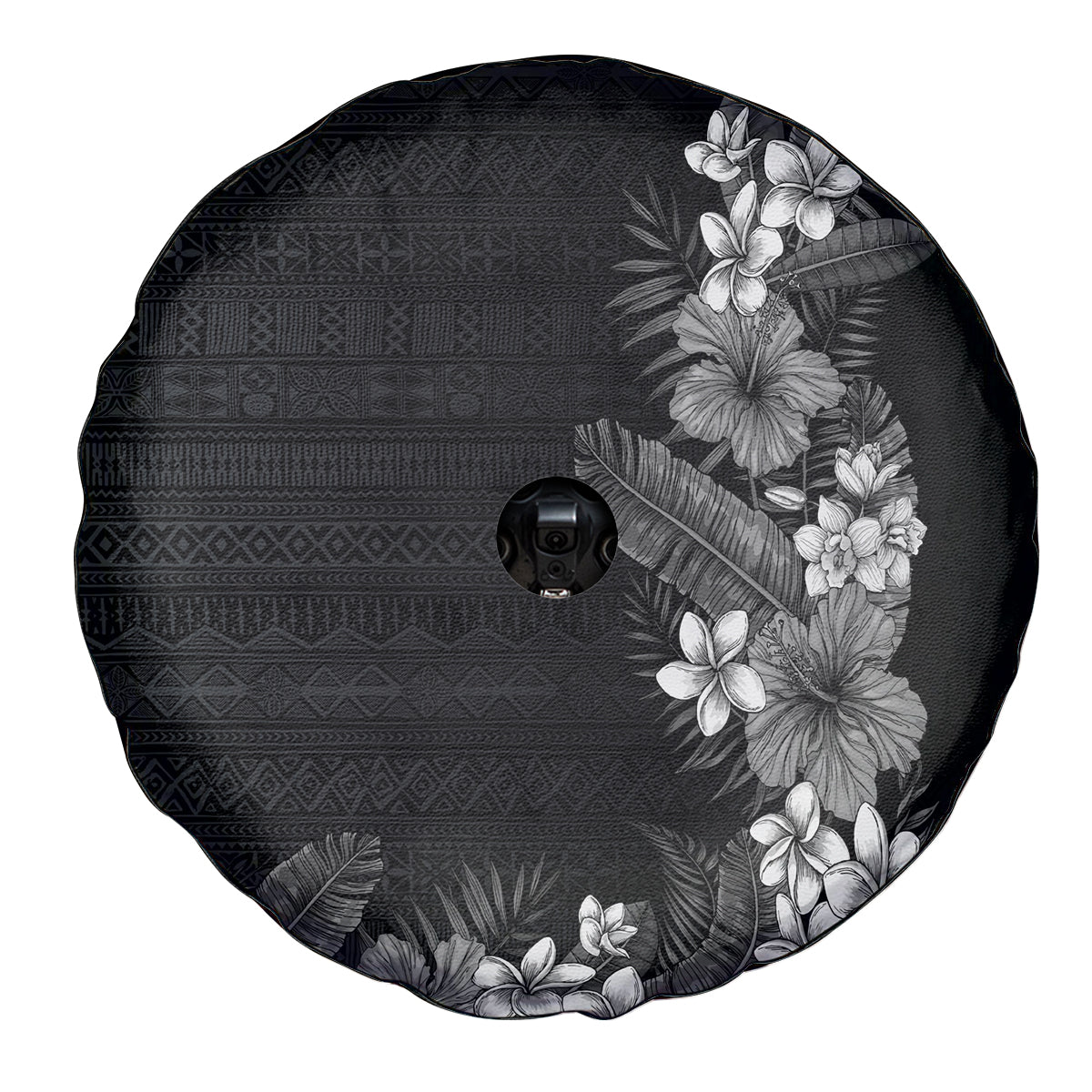 Hawaii Tropical Flowers and Leaves Spare Tire Cover Tapa Pattern Grayscale Mode LT03 - Polynesian Pride