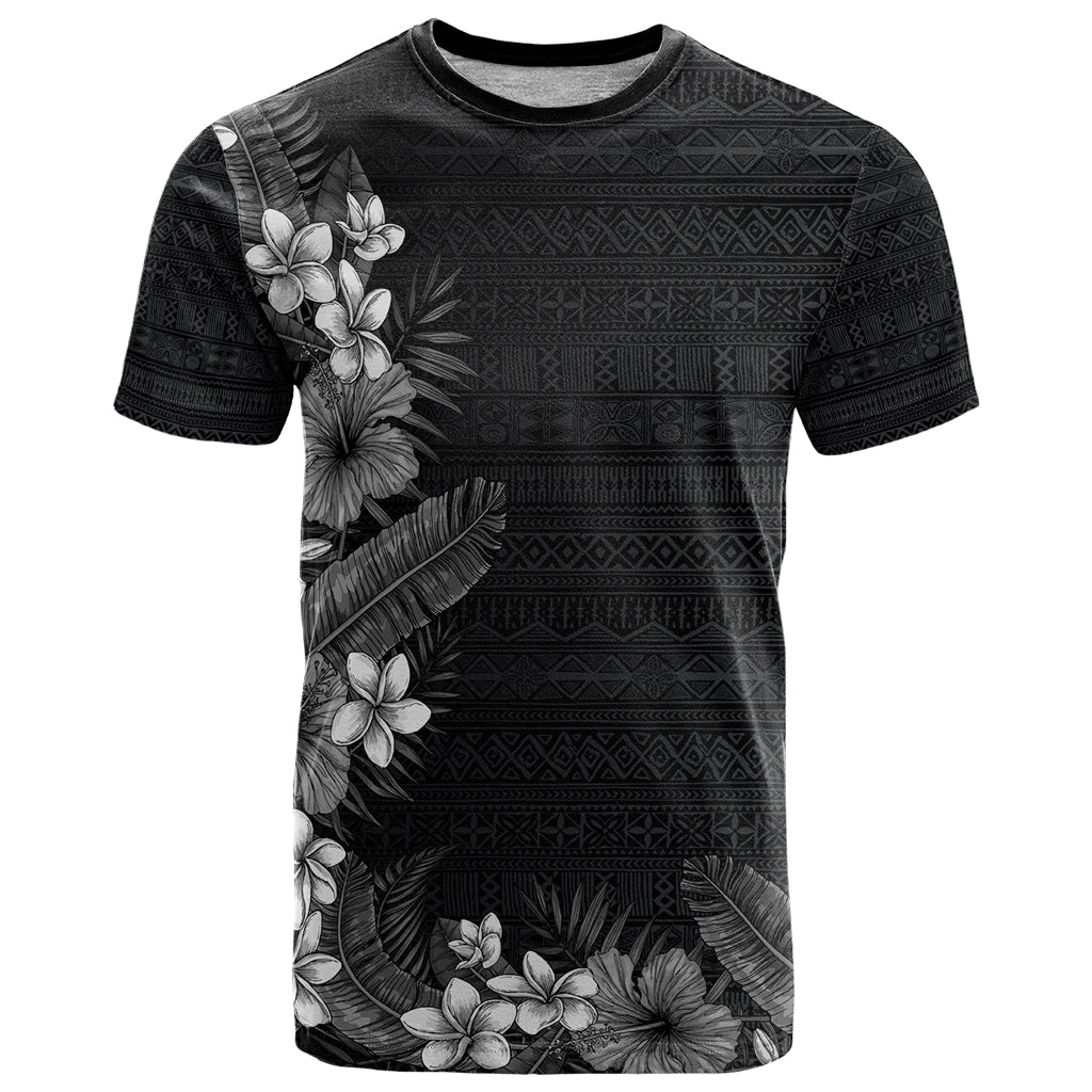 Hawaii Tropical Flowers and Leaves T Shirt Tapa Pattern Grayscale Mode