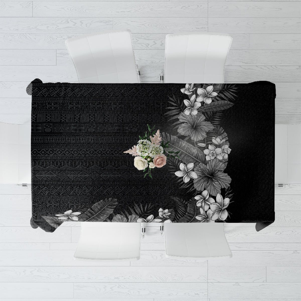 Hawaii Tropical Flowers and Leaves Tablecloth Tapa Pattern Grayscale Mode LT03 Grayscale - Polynesian Pride