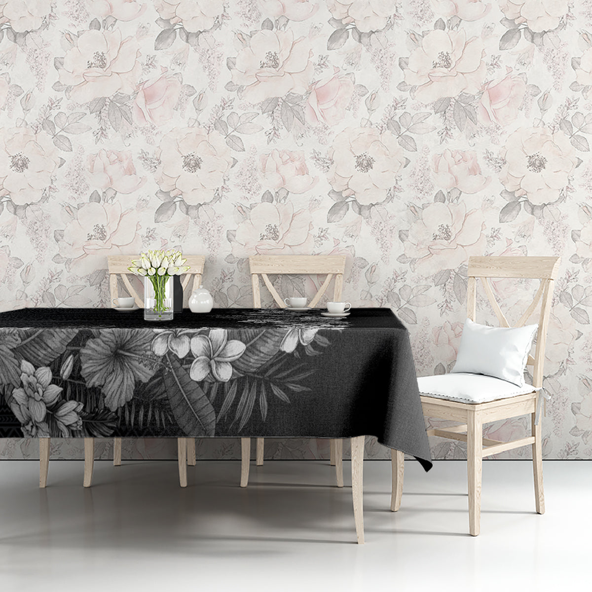 Hawaii Tropical Flowers and Leaves Tablecloth Tapa Pattern Grayscale Mode LT03 - Polynesian Pride