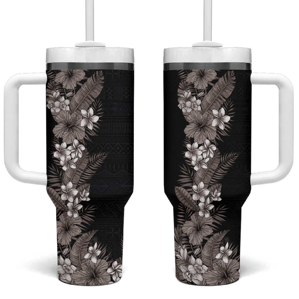 Hawaii Tropical Flowers and Leaves Tumbler With Handle Tapa Pattern Grayscale Mode