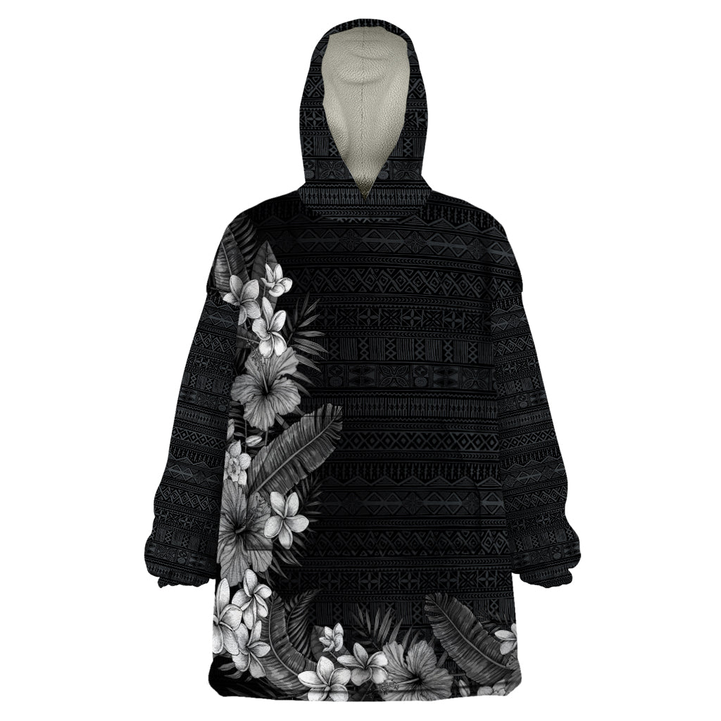 Hawaii Tropical Flowers and Leaves Wearable Blanket Hoodie Tapa Pattern Grayscale Mode