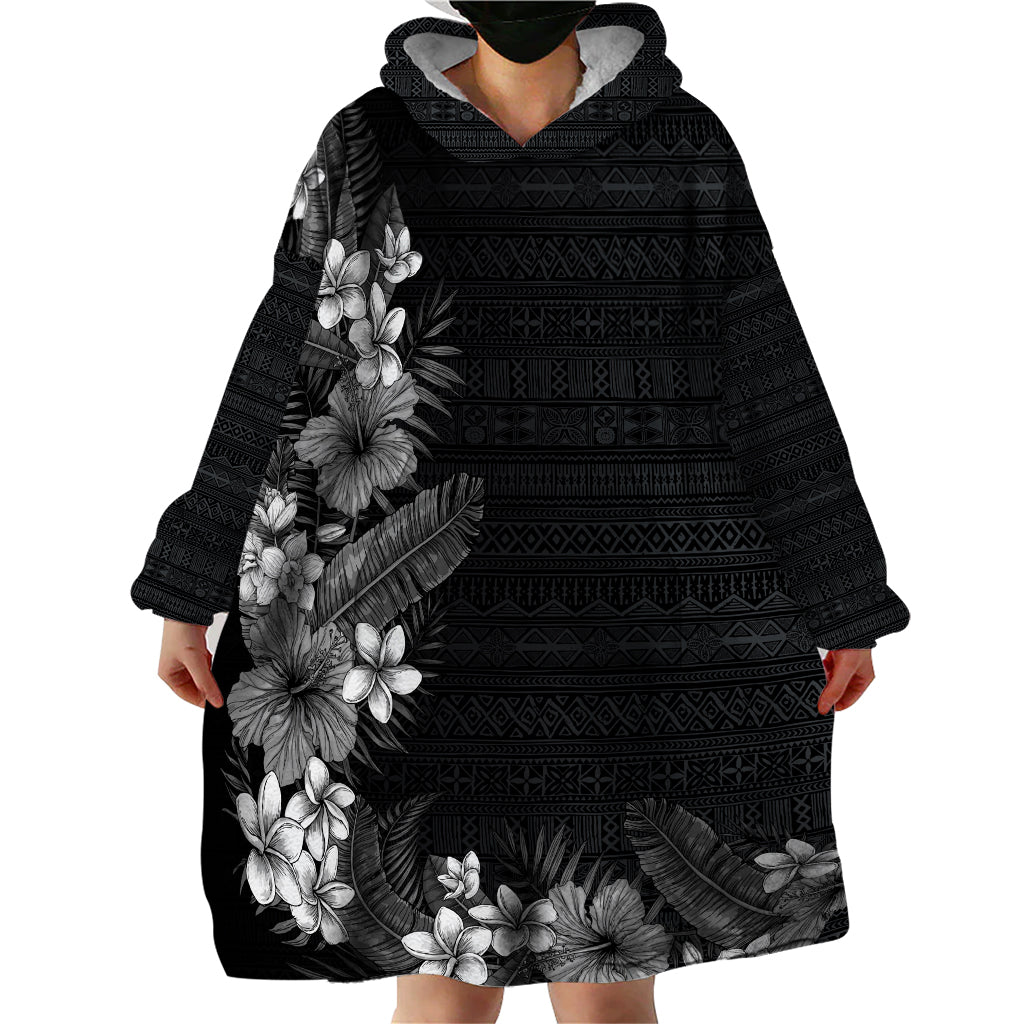 Hawaii Tropical Flowers and Leaves Wearable Blanket Hoodie Tapa Pattern Grayscale Mode LT03 - Polynesian Pride