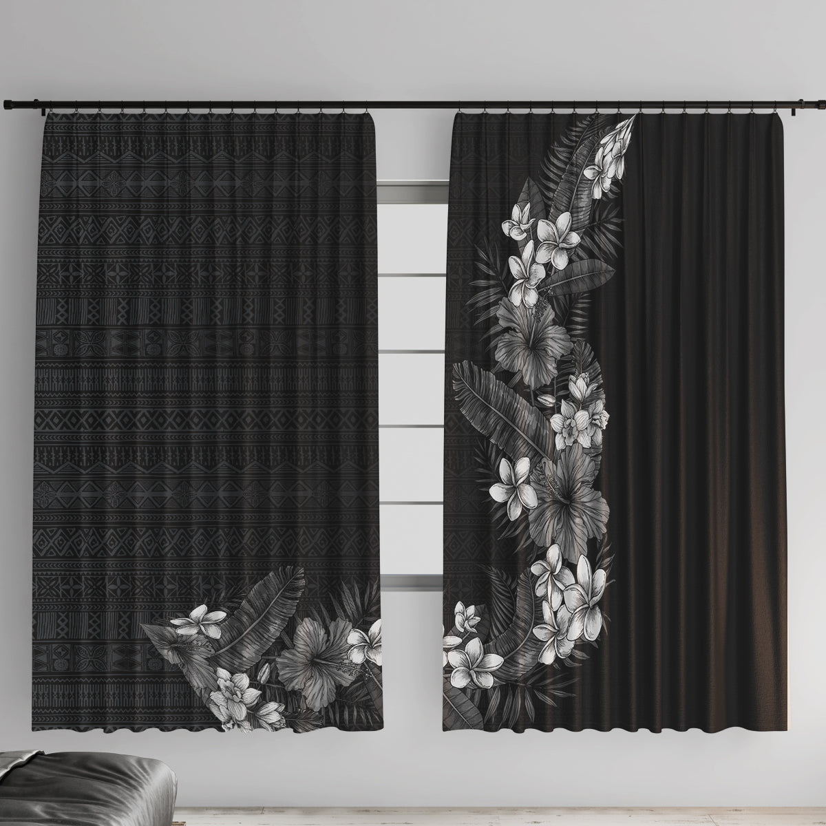 Hawaii Tropical Flowers and Leaves Window Curtain Tapa Pattern Grayscale Mode LT03 With Hooks Grayscale - Polynesian Pride