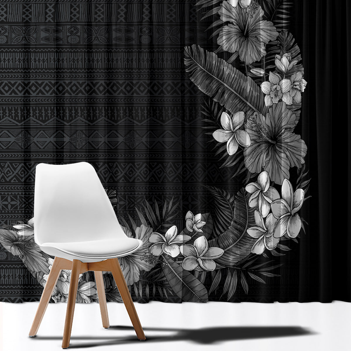 Hawaii Tropical Flowers and Leaves Window Curtain Tapa Pattern Grayscale Mode LT03 - Polynesian Pride