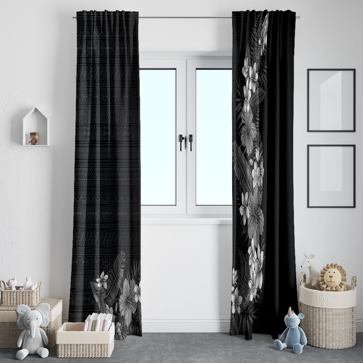 Hawaii Tropical Flowers and Leaves Window Curtain Tapa Pattern Grayscale Mode LT03 - Polynesian Pride