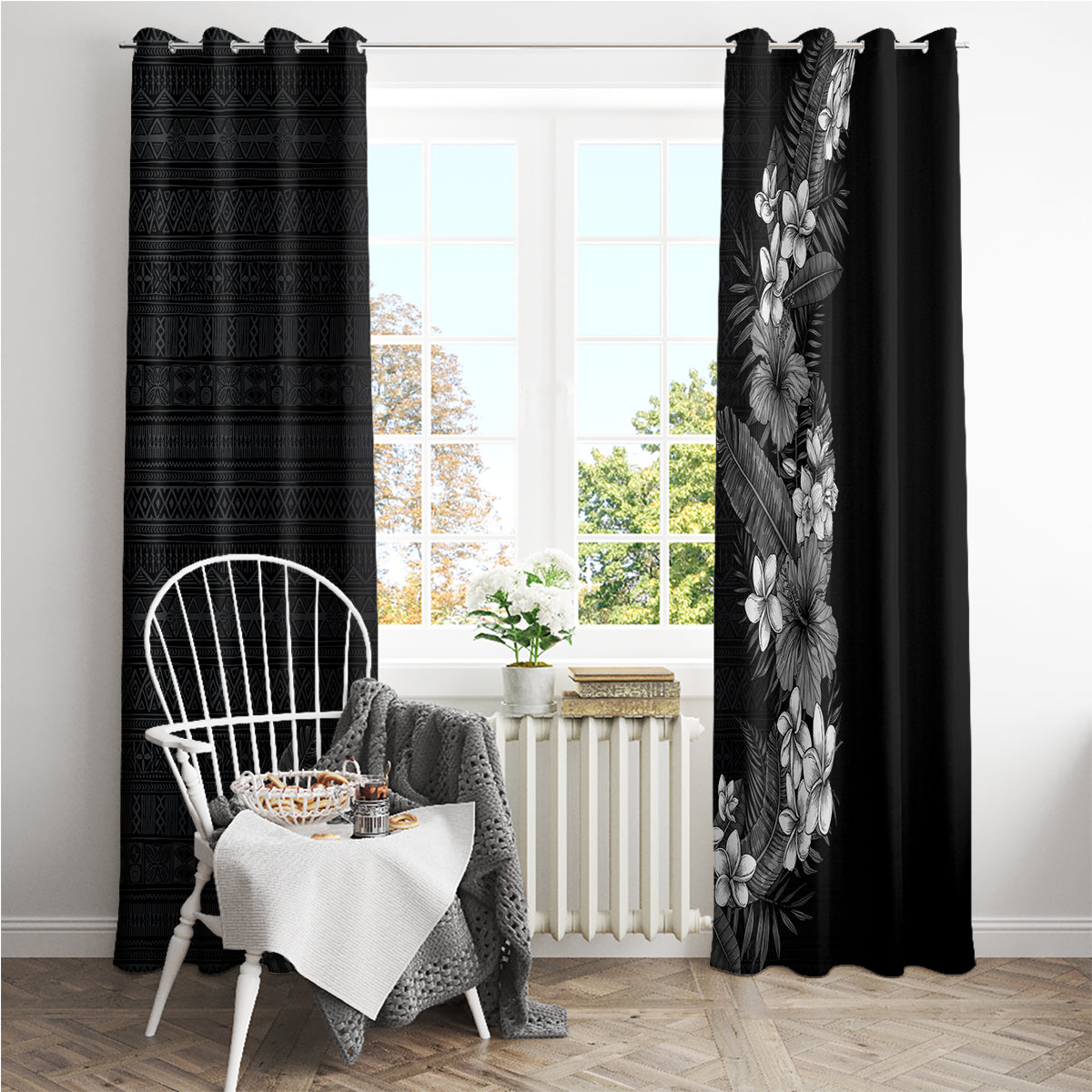 Hawaii Tropical Flowers and Leaves Window Curtain Tapa Pattern Grayscale Mode LT03 - Polynesian Pride