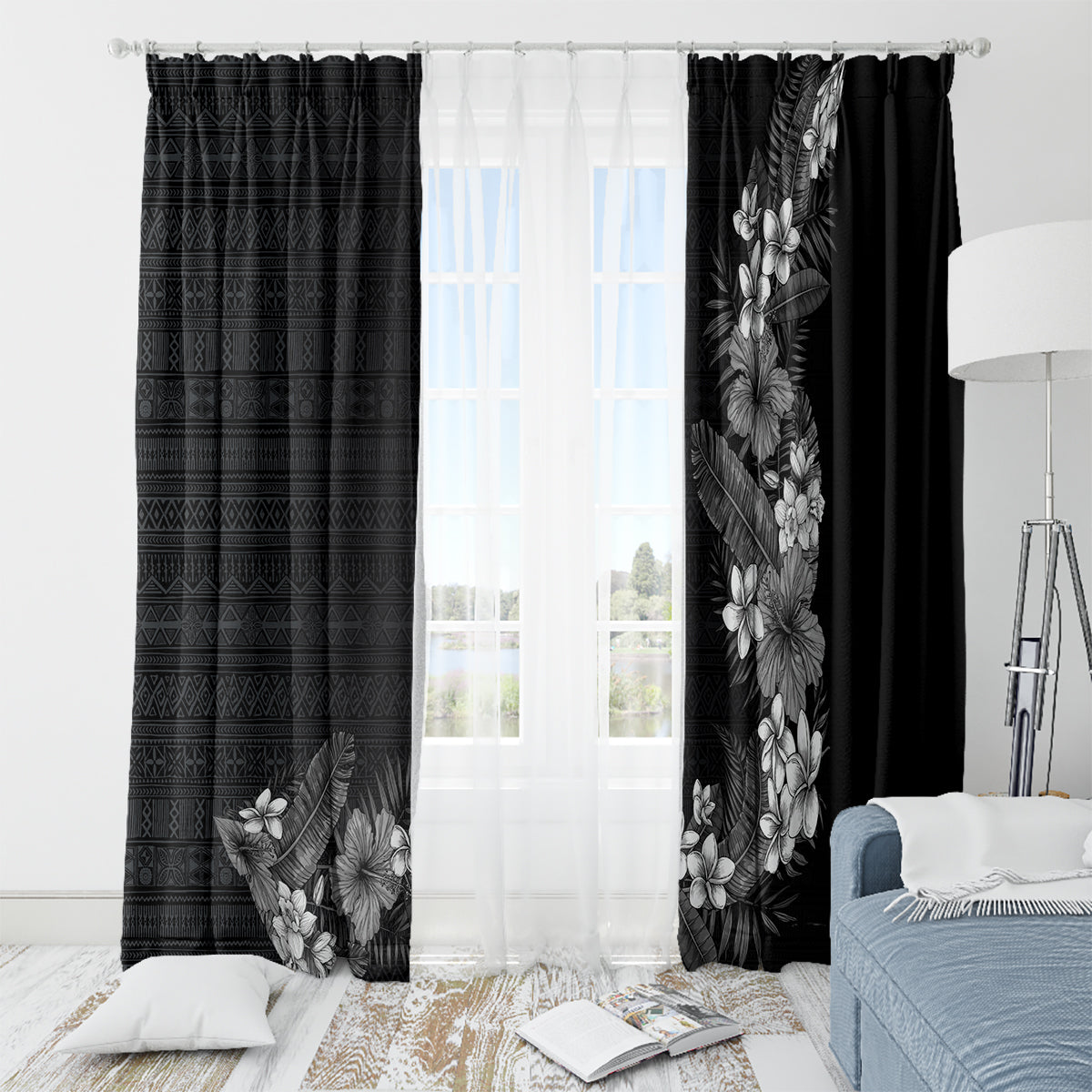 Hawaii Tropical Flowers and Leaves Window Curtain Tapa Pattern Grayscale Mode LT03 - Polynesian Pride