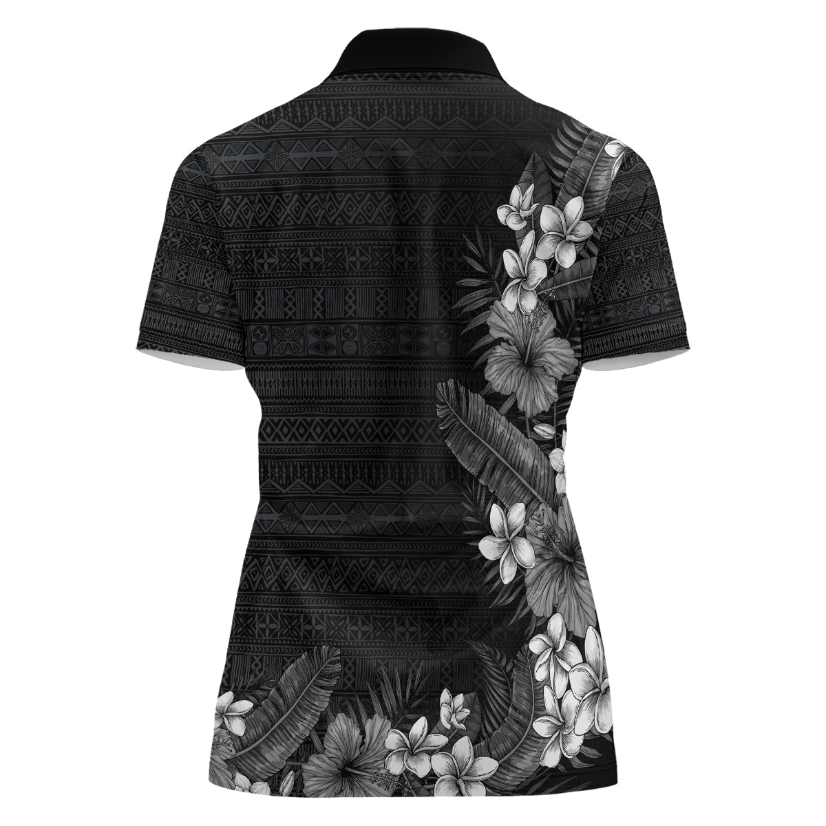 Hawaii Tropical Flowers and Leaves Women Polo Shirt Tapa Pattern Grayscale Mode