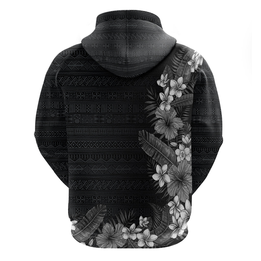 Hawaii Tropical Flowers and Leaves Zip Hoodie Tapa Pattern Grayscale Mode
