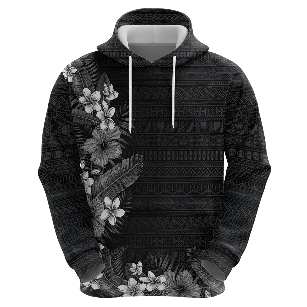 Hawaii Tropical Flowers and Leaves Zip Hoodie Tapa Pattern Grayscale Mode
