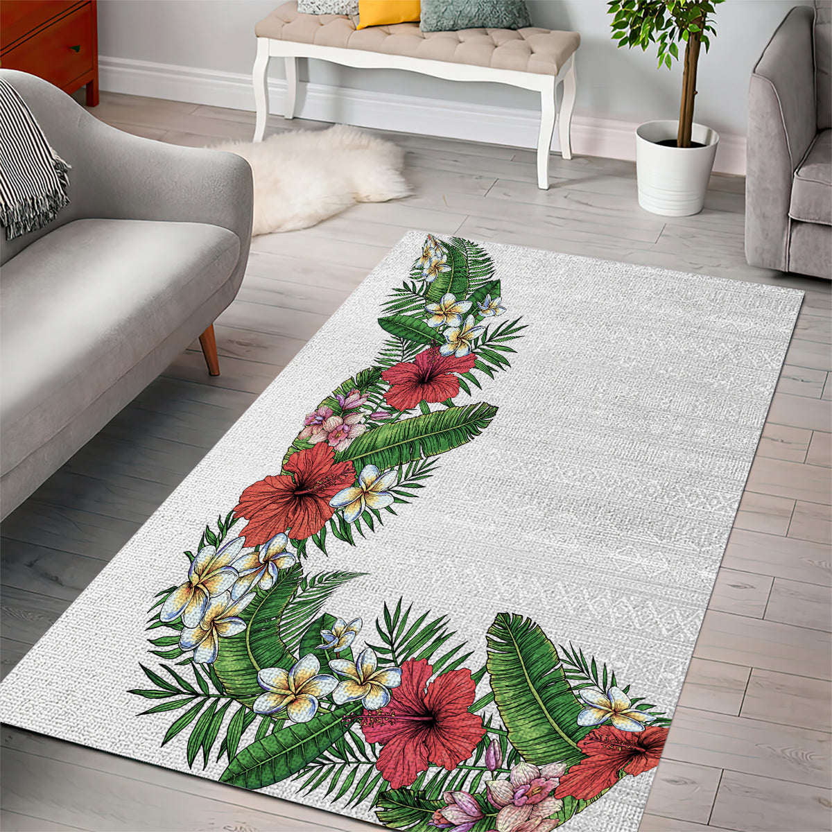 Hawaii Tropical Flowers and Leaves Area Rug Tapa Pattern White Mode
