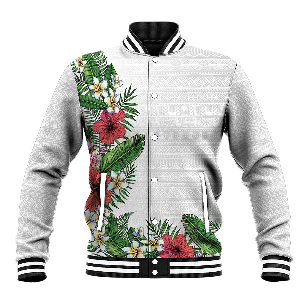 Hawaii Tropical Flowers and Leaves Baseball Jacket Tapa Pattern White Mode LT03 Unisex White - Polynesian Pride
