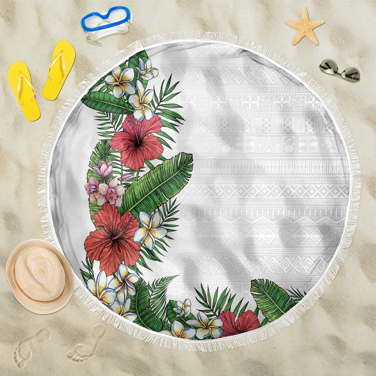 Hawaii Tropical Flowers and Leaves Beach Blanket Tapa Pattern White Mode