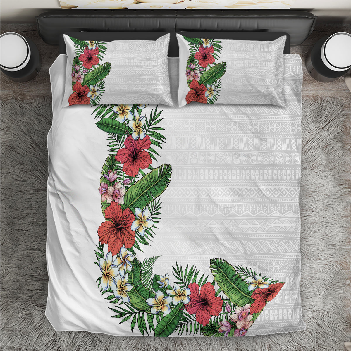 Hawaii Tropical Flowers and Leaves Bedding Set Tapa Pattern White Mode