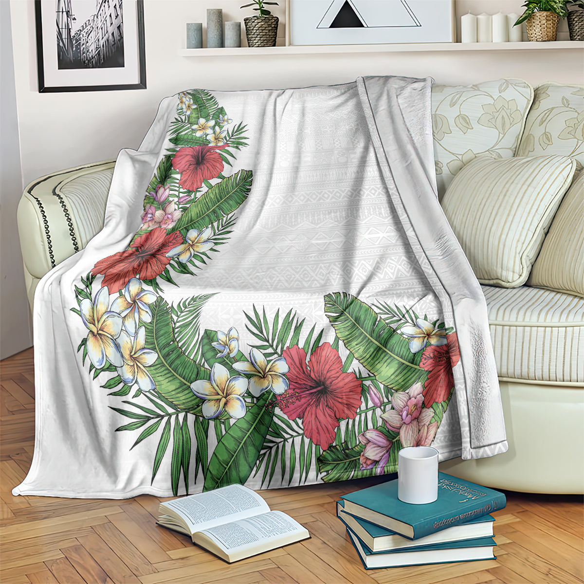 Hawaii Tropical Flowers and Leaves Blanket Tapa Pattern White Mode