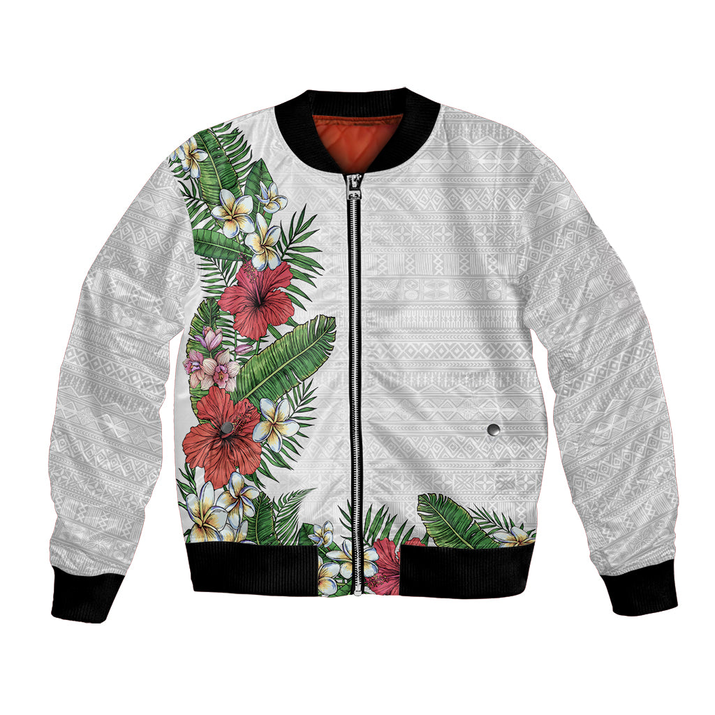 Hawaii Tropical Flowers and Leaves Bomber Jacket Tapa Pattern White Mode LT03 Unisex White - Polynesian Pride