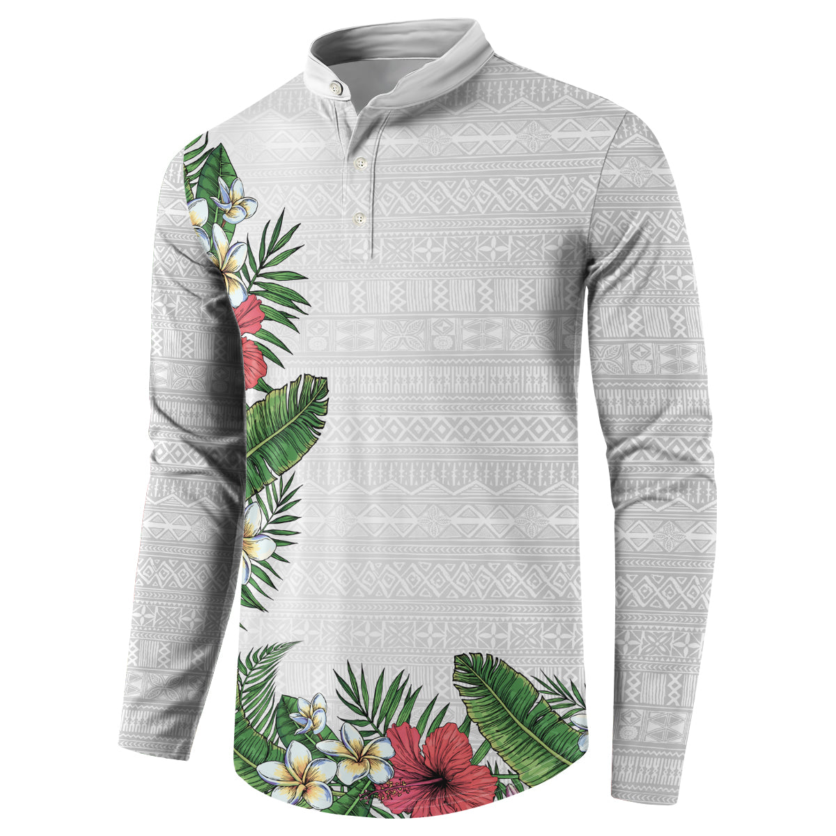 Hawaii Tropical Flowers and Leaves Button Sweatshirt Tapa Pattern White Mode LT03 - Polynesian Pride