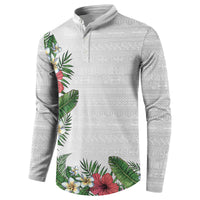 Hawaii Tropical Flowers and Leaves Button Sweatshirt Tapa Pattern White Mode LT03 - Polynesian Pride