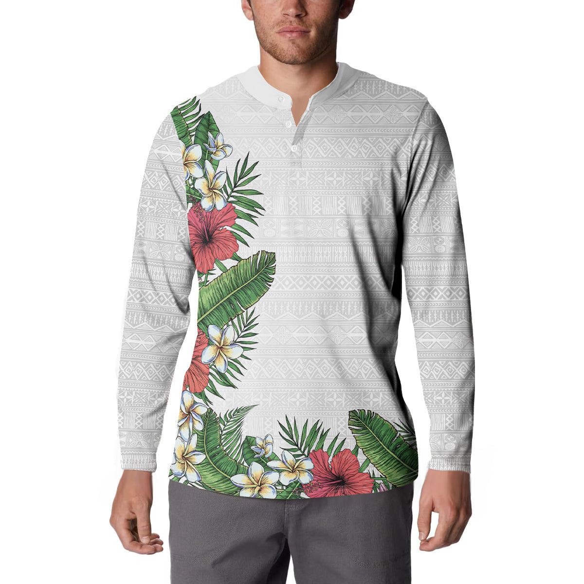 Hawaii Tropical Flowers and Leaves Button Sweatshirt Tapa Pattern White Mode LT03 - Polynesian Pride