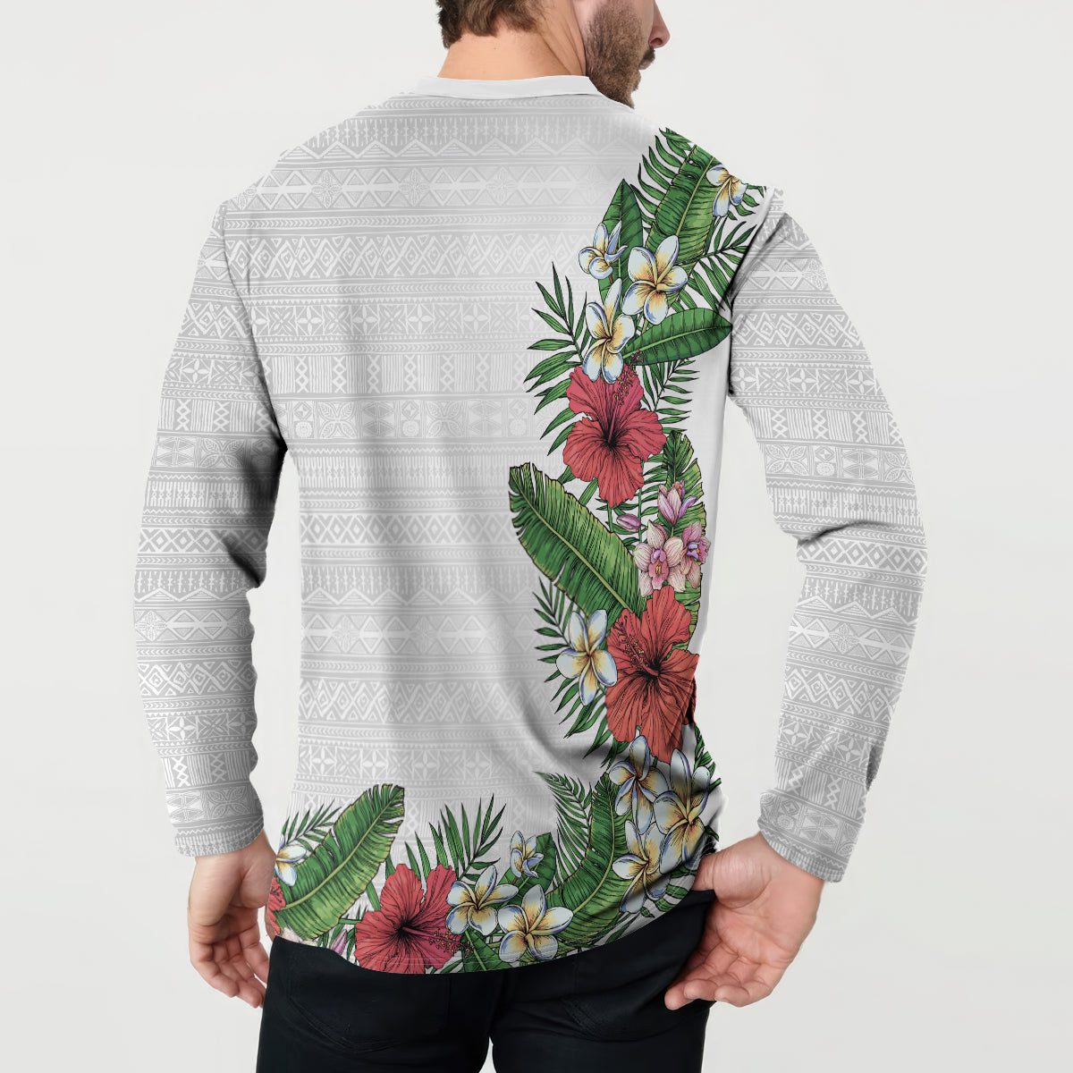 Hawaii Tropical Flowers and Leaves Button Sweatshirt Tapa Pattern White Mode LT03 - Polynesian Pride