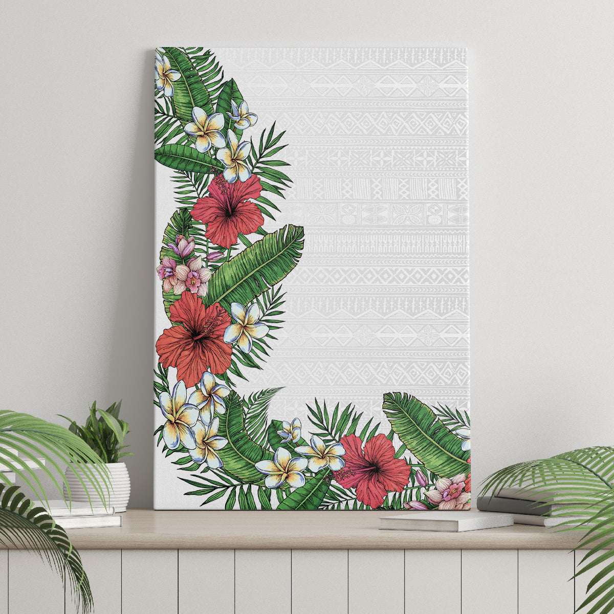 Hawaii Tropical Flowers and Leaves Canvas Wall Art Tapa Pattern White Mode LT03 - Polynesian Pride