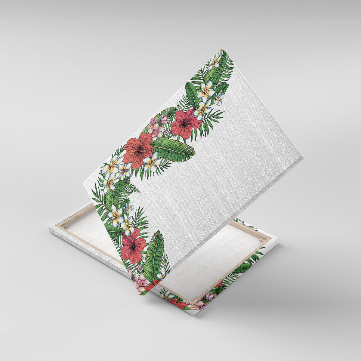 Hawaii Tropical Flowers and Leaves Canvas Wall Art Tapa Pattern White Mode LT03 With Frame White - Polynesian Pride