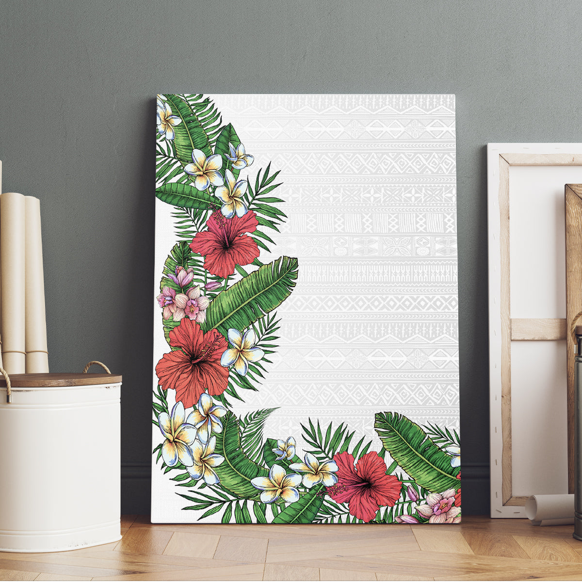 Hawaii Tropical Flowers and Leaves Canvas Wall Art Tapa Pattern White Mode LT03 - Polynesian Pride