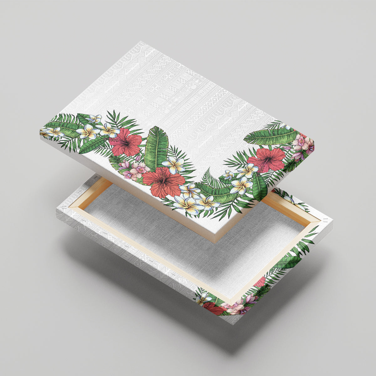 Hawaii Tropical Flowers and Leaves Canvas Wall Art Tapa Pattern White Mode LT03 - Polynesian Pride