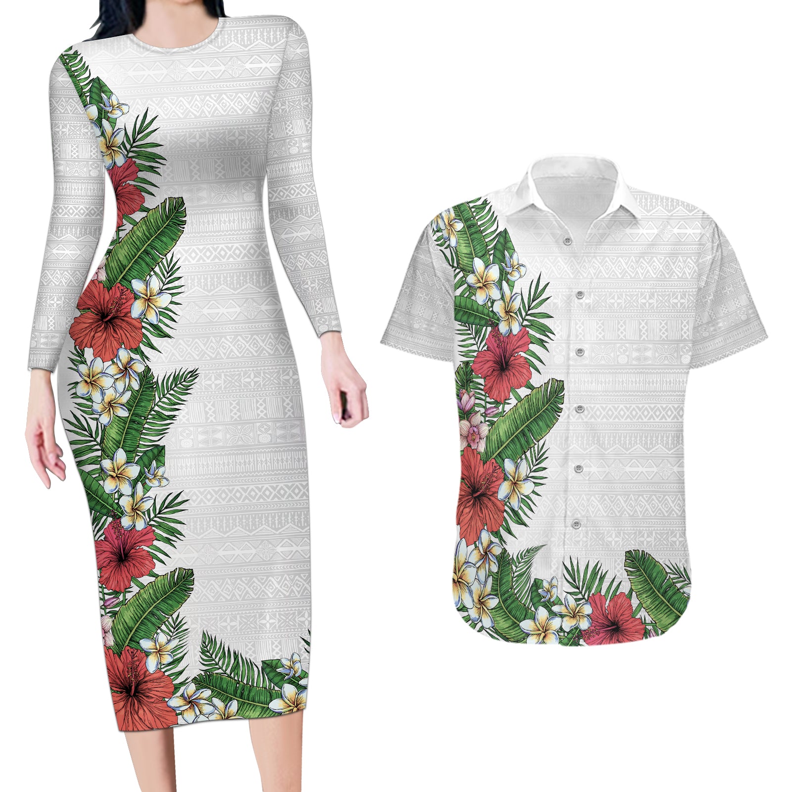 Hawaii Tropical Flowers and Leaves Couples Matching Long Sleeve Bodycon Dress and Hawaiian Shirt Tapa Pattern White Mode