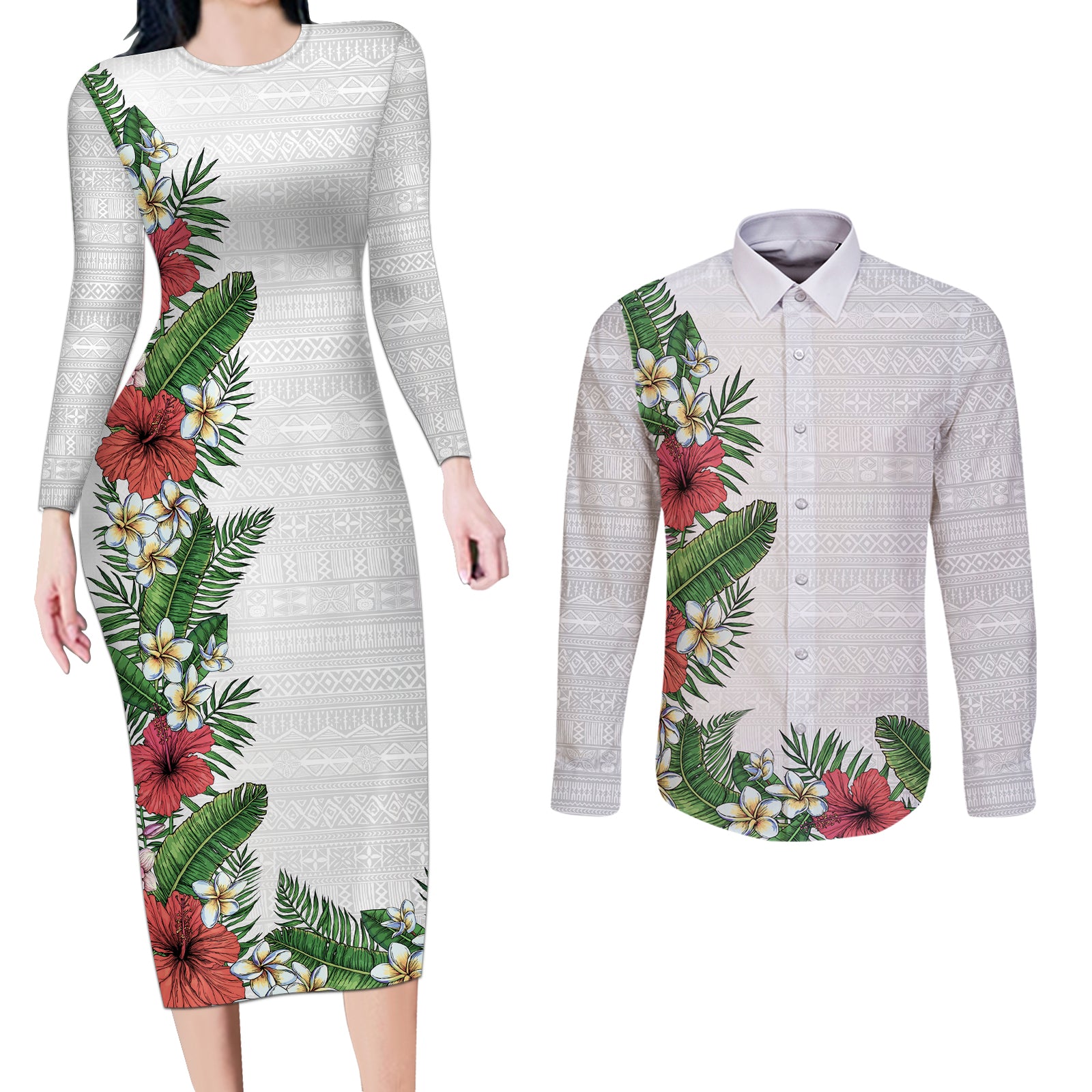 Hawaii Tropical Flowers and Leaves Couples Matching Long Sleeve Bodycon Dress and Long Sleeve Button Shirt Tapa Pattern White Mode LT03 White - Polynesian Pride