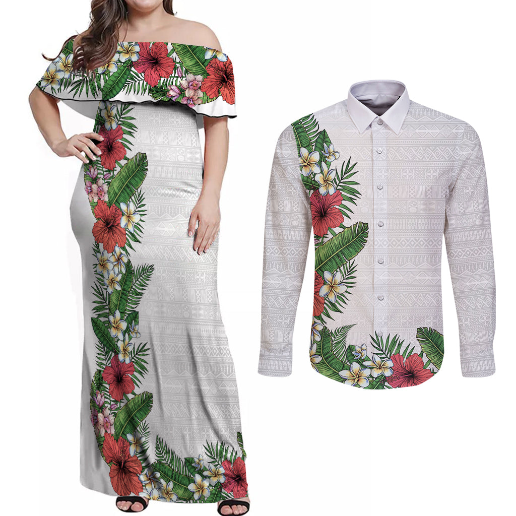 Hawaii Tropical Flowers and Leaves Couples Matching Off Shoulder Maxi Dress and Long Sleeve Button Shirt Tapa Pattern White Mode LT03 White - Polynesian Pride