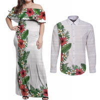 Hawaii Tropical Flowers and Leaves Couples Matching Off Shoulder Maxi Dress and Long Sleeve Button Shirt Tapa Pattern White Mode LT03 White - Polynesian Pride