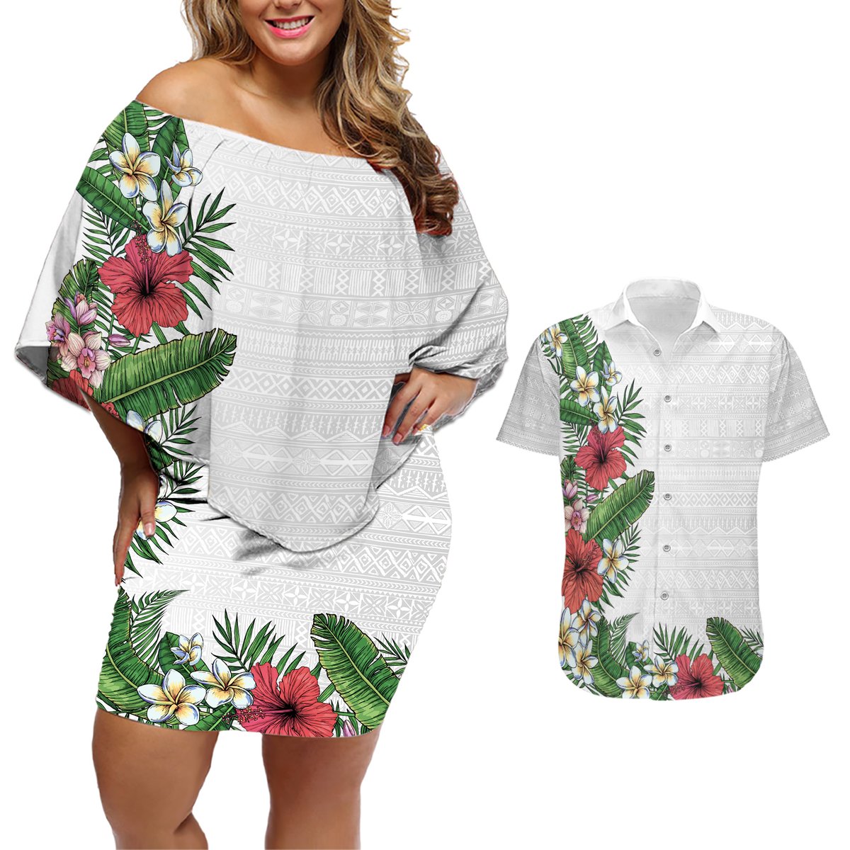 Hawaii Tropical Flowers and Leaves Couples Matching Off Shoulder Short Dress and Hawaiian Shirt Tapa Pattern White Mode LT03 White - Polynesian Pride