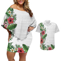 Hawaii Tropical Flowers and Leaves Couples Matching Off Shoulder Short Dress and Hawaiian Shirt Tapa Pattern White Mode LT03 White - Polynesian Pride