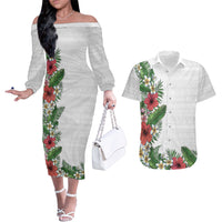 Hawaii Tropical Flowers and Leaves Couples Matching Off The Shoulder Long Sleeve Dress and Hawaiian Shirt Tapa Pattern White Mode LT03 White - Polynesian Pride