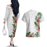 Hawaii Tropical Flowers and Leaves Couples Matching Off The Shoulder Long Sleeve Dress and Hawaiian Shirt Tapa Pattern White Mode LT03 - Polynesian Pride