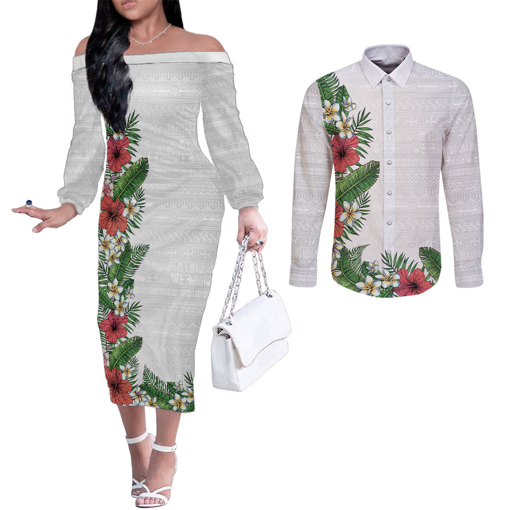 Hawaii Tropical Flowers and Leaves Couples Matching Off The Shoulder Long Sleeve Dress and Long Sleeve Button Shirt Tapa Pattern White Mode LT03 White - Polynesian Pride