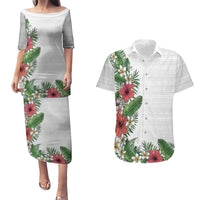 Hawaii Tropical Flowers and Leaves Couples Matching Puletasi and Hawaiian Shirt Tapa Pattern White Mode LT03 White - Polynesian Pride