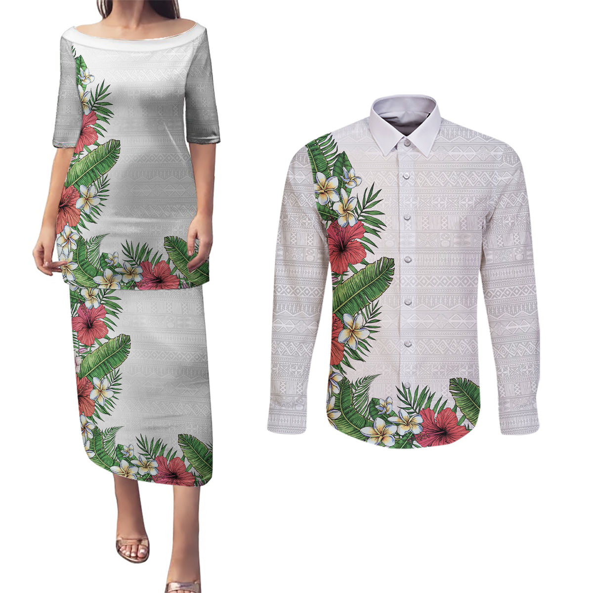 Hawaii Tropical Flowers and Leaves Couples Matching Puletasi and Long Sleeve Button Shirt Tapa Pattern White Mode LT03 White - Polynesian Pride