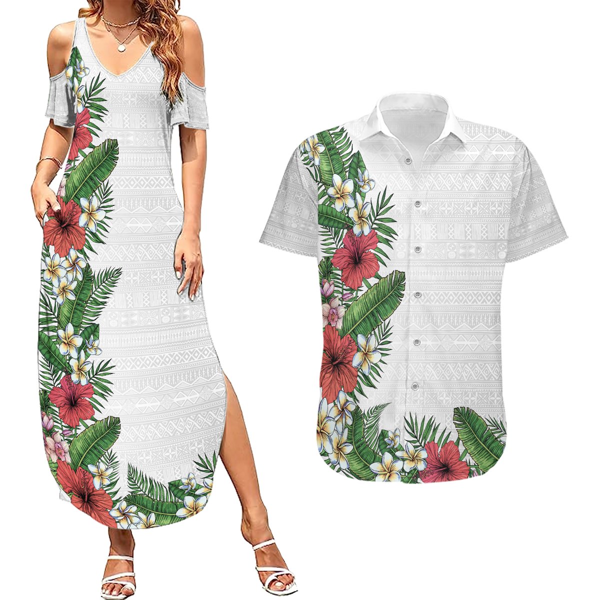 Hawaii Tropical Flowers and Leaves Couples Matching Summer Maxi Dress and Hawaiian Shirt Tapa Pattern White Mode LT03 White - Polynesian Pride