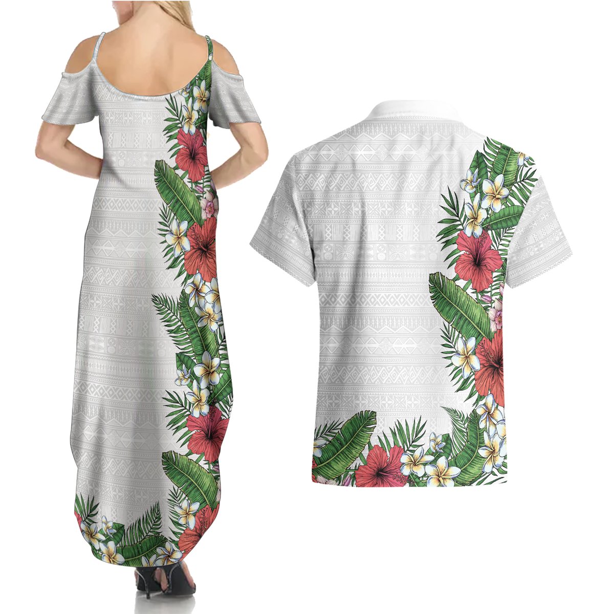 Hawaii Tropical Flowers and Leaves Couples Matching Summer Maxi Dress and Hawaiian Shirt Tapa Pattern White Mode LT03 - Polynesian Pride